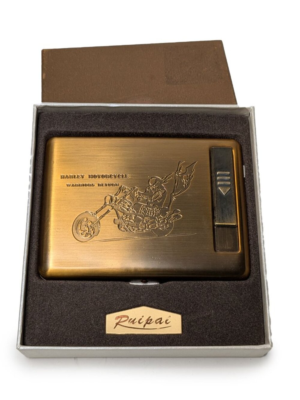 Harley Motorcycle Metal Cigarette Case Electric Lighter Brass Tone Box Set